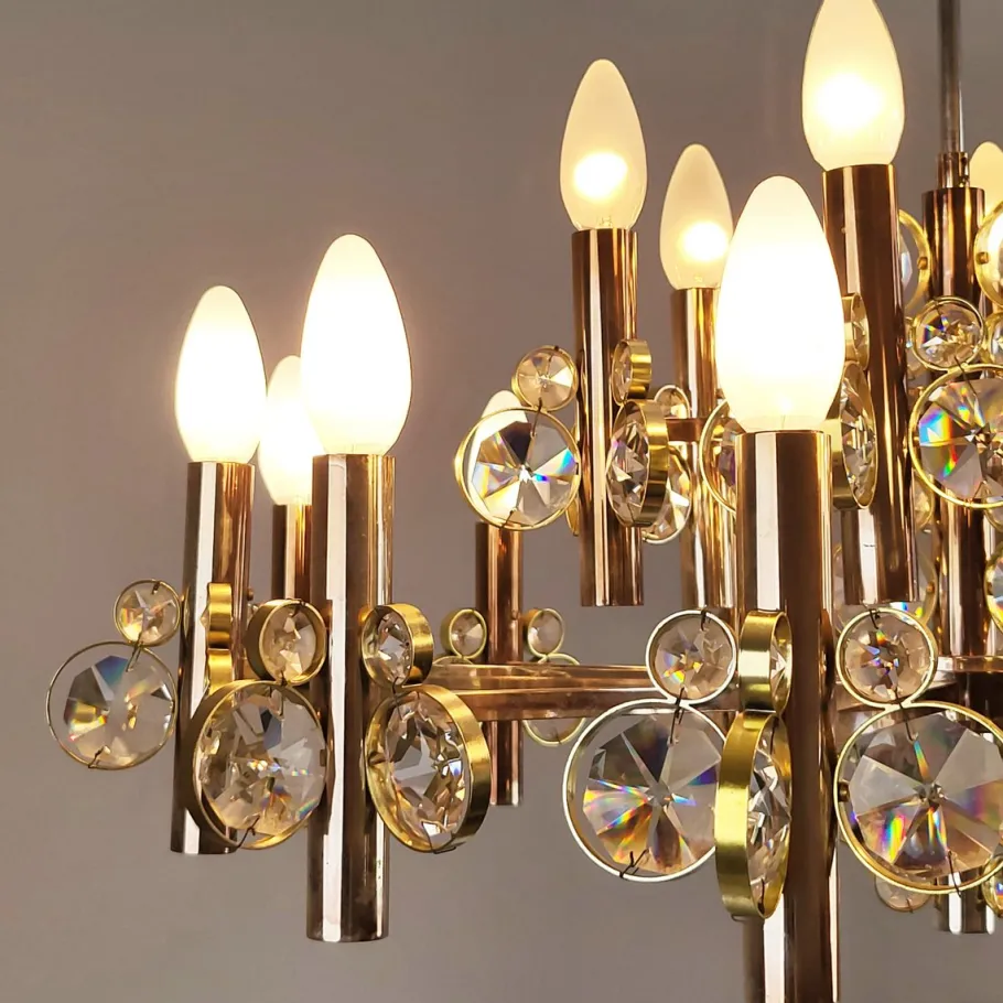 Best Pamono Gold-Plated Brass and Crystal Chandelier by Gaetano Sciolari for Palwa, 1970s