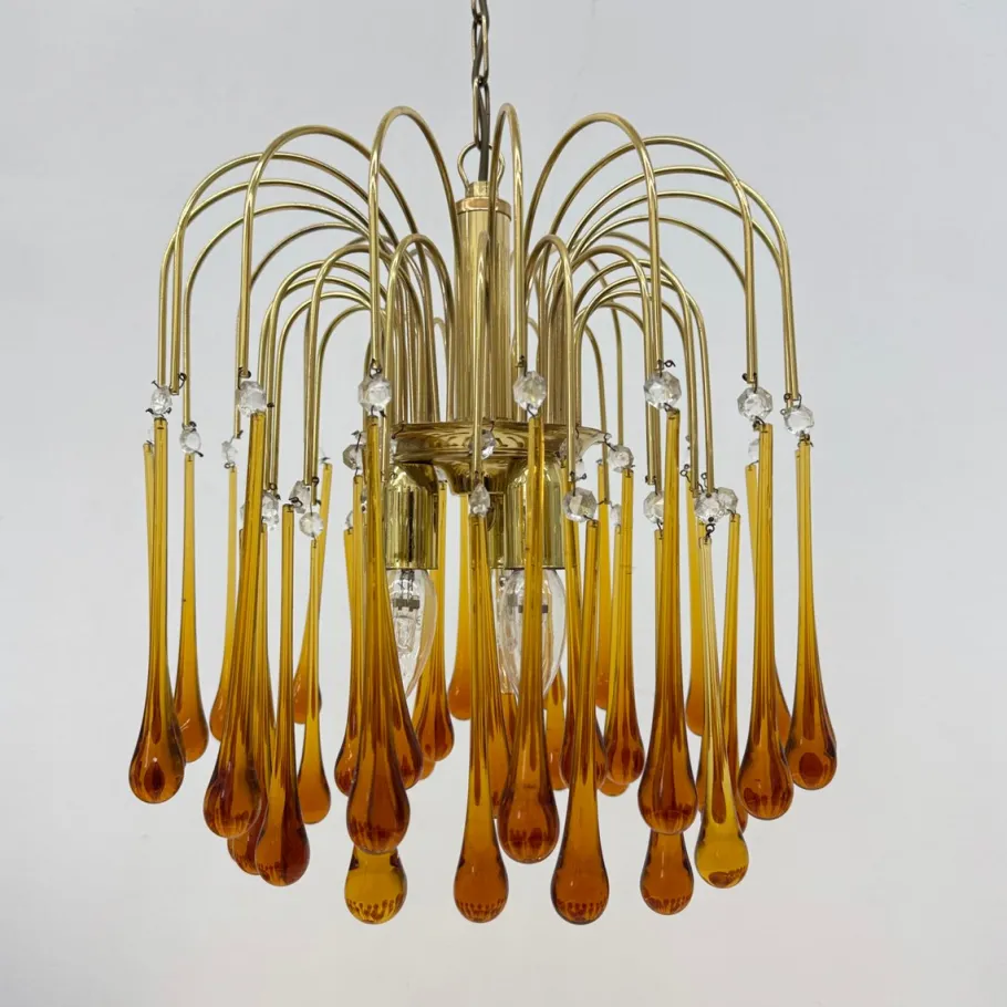 Best Pamono Gold-Plated Metal and Murano Glass Drop Chandelier by Paolo Venini for Mand Eurolux, 1970s
