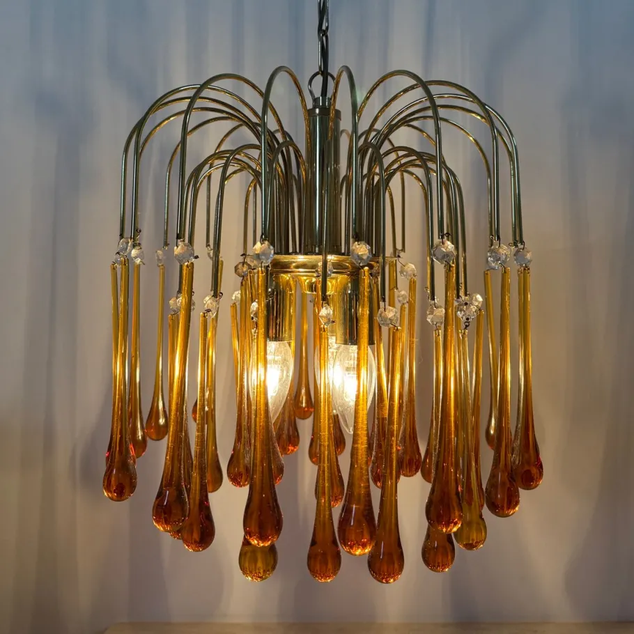 Best Pamono Gold-Plated Metal and Murano Glass Drop Chandelier by Paolo Venini for Mand Eurolux, 1970s