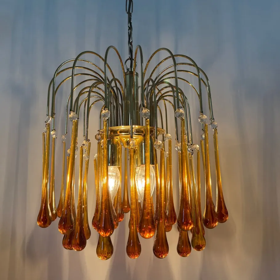 Best Pamono Gold-Plated Metal and Murano Glass Drop Chandelier by Paolo Venini for Mand Eurolux, 1970s