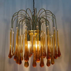 Best Pamono Gold-Plated Metal and Murano Glass Drop Chandelier by Paolo Venini for Mand Eurolux, 1970s