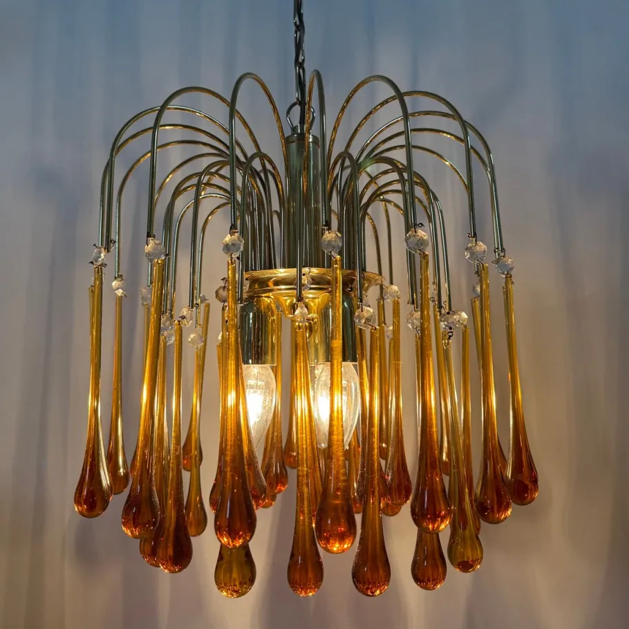 Best Pamono Gold-Plated Metal and Murano Glass Drop Chandelier by Paolo Venini for Mand Eurolux, 1970s