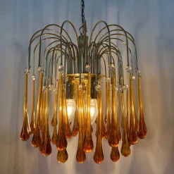 Best Pamono Gold-Plated Metal and Murano Glass Drop Chandelier by Paolo Venini for Mand Eurolux, 1970s