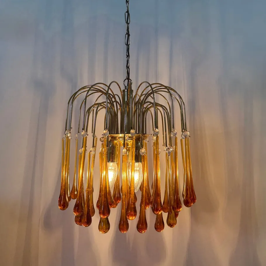 Best Pamono Gold-Plated Metal and Murano Glass Drop Chandelier by Paolo Venini for Mand Eurolux, 1970s