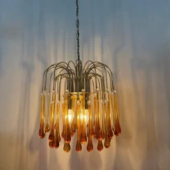 Best Pamono Gold-Plated Metal and Murano Glass Drop Chandelier by Paolo Venini for Mand Eurolux, 1970s