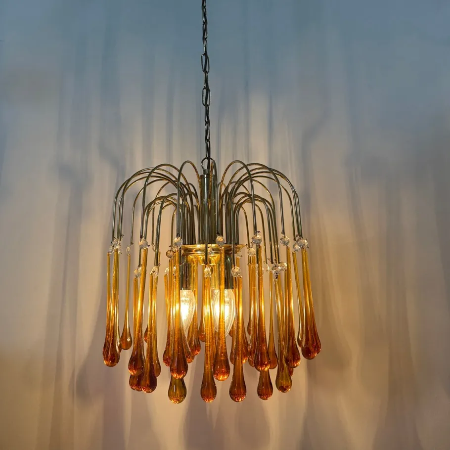 Best Pamono Gold-Plated Metal and Murano Glass Drop Chandelier by Paolo Venini for Mand Eurolux, 1970s