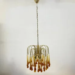 Best Pamono Gold-Plated Metal and Murano Glass Drop Chandelier by Paolo Venini for Mand Eurolux, 1970s