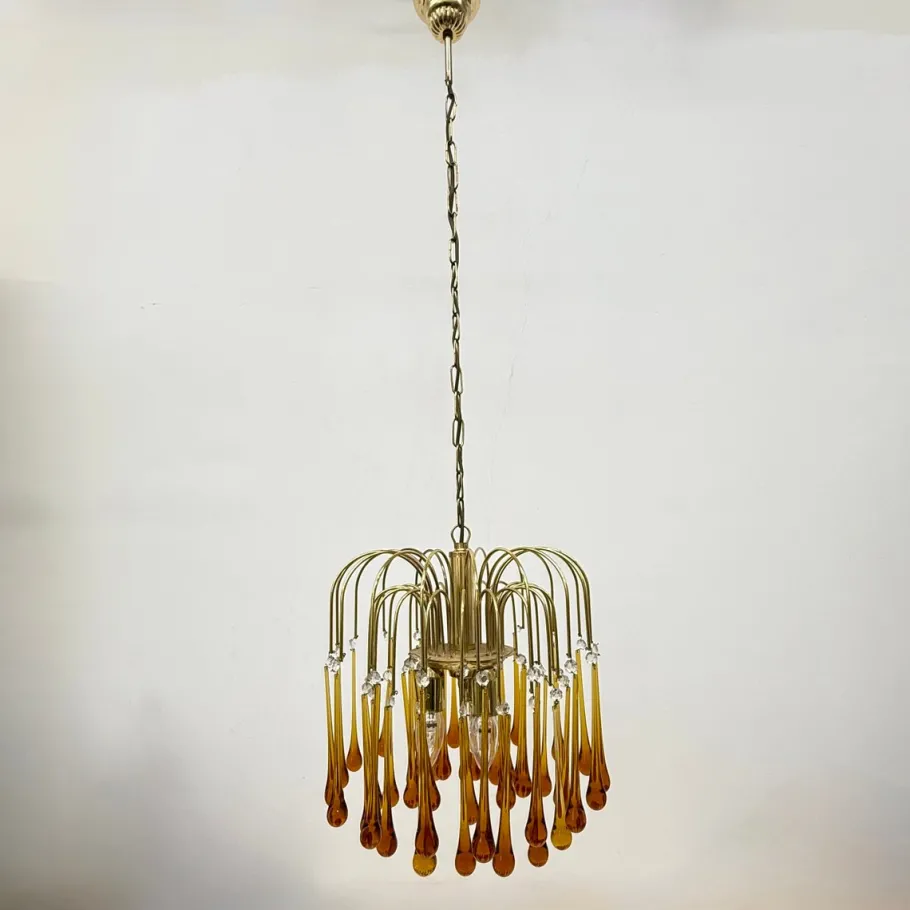 Best Pamono Gold-Plated Metal and Murano Glass Drop Chandelier by Paolo Venini for Mand Eurolux, 1970s