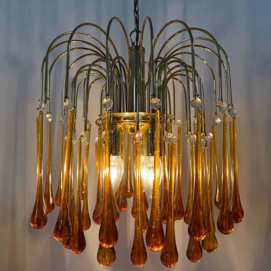 Best Pamono Gold-Plated Metal and Murano Glass Drop Chandelier by Paolo Venini for Mand Eurolux, 1970s