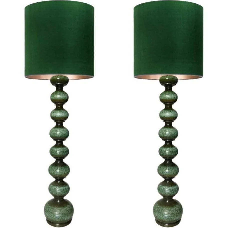 Pamono Green Ceramic Floor Lamp from Kaiser with Silk Lampshade, 1960