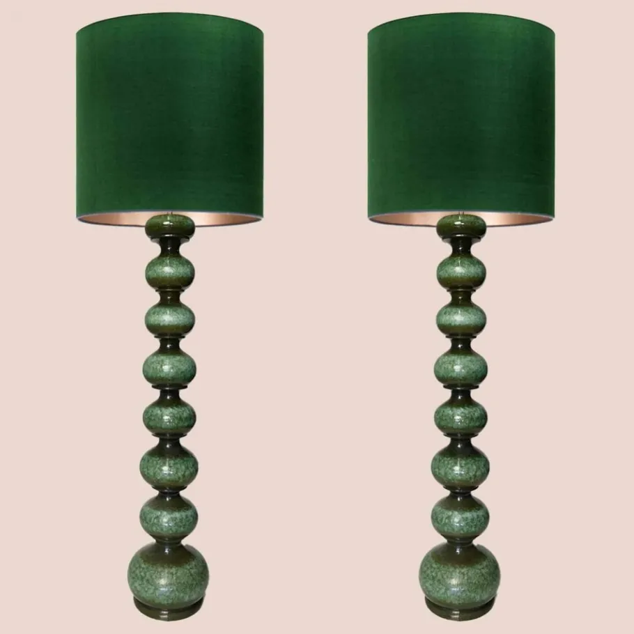 Pamono Green Ceramic Floor Lamp from Kaiser with Silk Lampshade, 1960