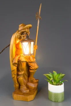 Clearance Pamono Hand Carved Wooden Sculpture Lamp Depicting Night Watchman with Lantern, Germany