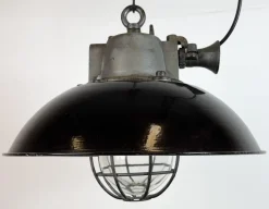 Best Pamono Industrial Black Enamel and Cast Iron Cage Pendant Light from Elektrosvit, 1960s