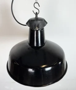 Pamono Industrial Black Enamel Factory Lamp with Cast Iron Top from Elektrosvit, 1950s
