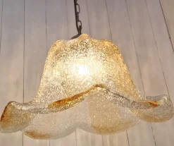 Best Pamono Italian Brass Ceiling Lamp with Tinted Ice Glass Shade, 1970s