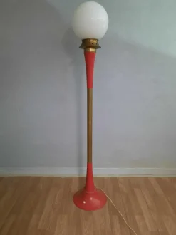 New Pamono Italian Floor Lamp in Red Metal and Brass, 1950s