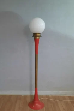 New Pamono Italian Floor Lamp in Red Metal and Brass, 1950s