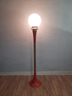New Pamono Italian Floor Lamp in Red Metal and Brass, 1950s