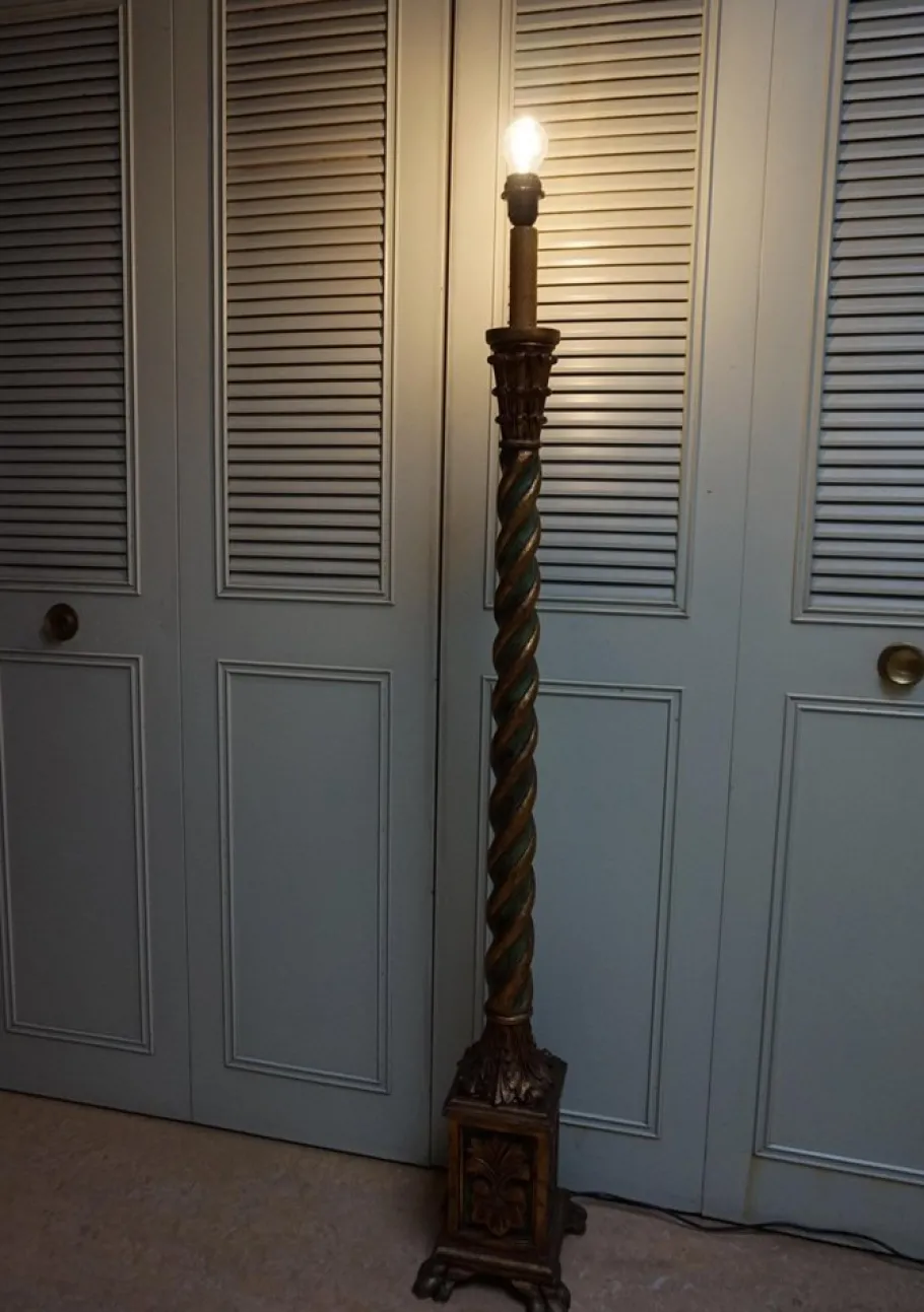 Online Pamono Italian Florentine Wooden Hand Carved Gold Gilt and Green Torchère Floor Lamp, 1950s