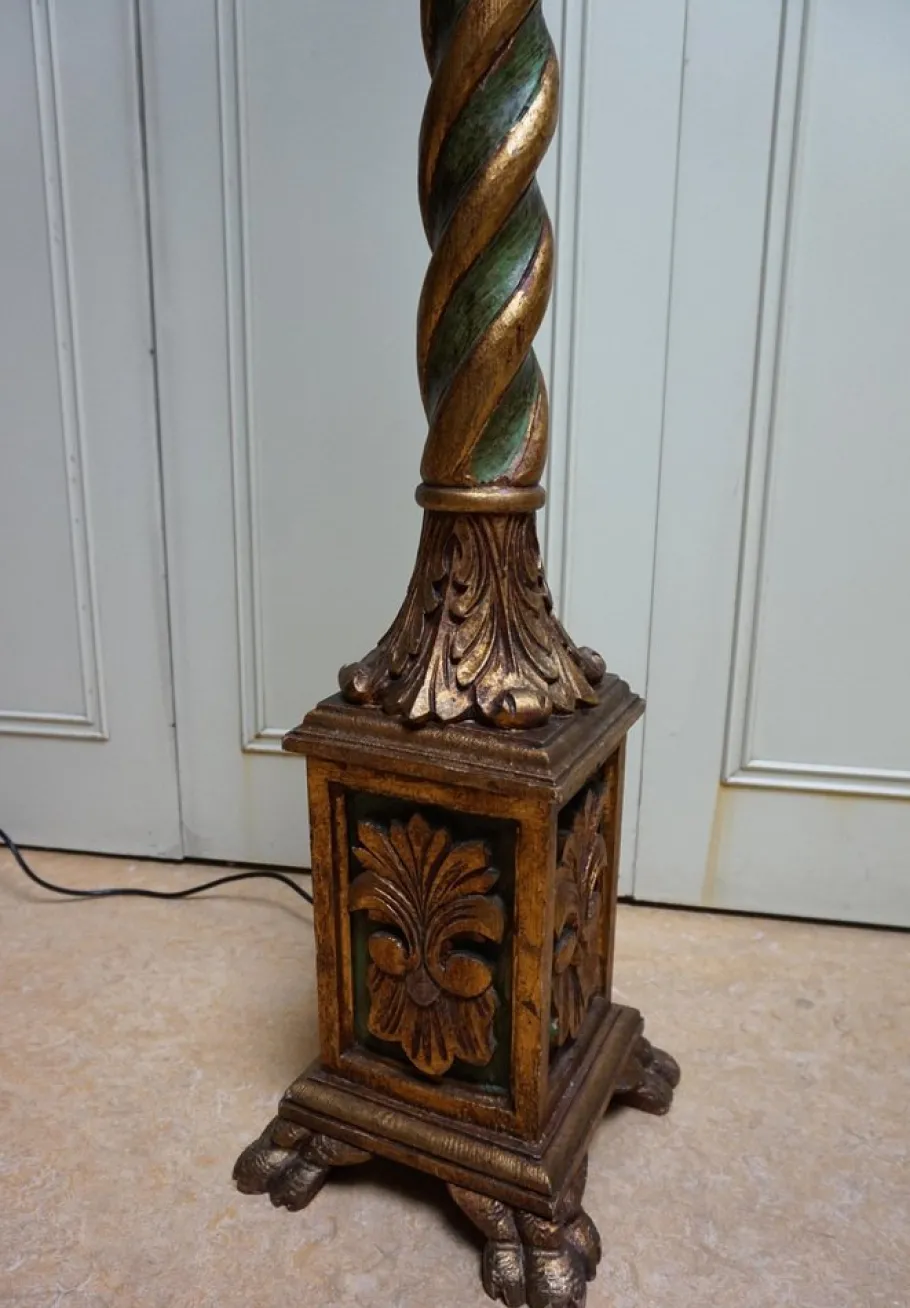 Online Pamono Italian Florentine Wooden Hand Carved Gold Gilt and Green Torchère Floor Lamp, 1950s