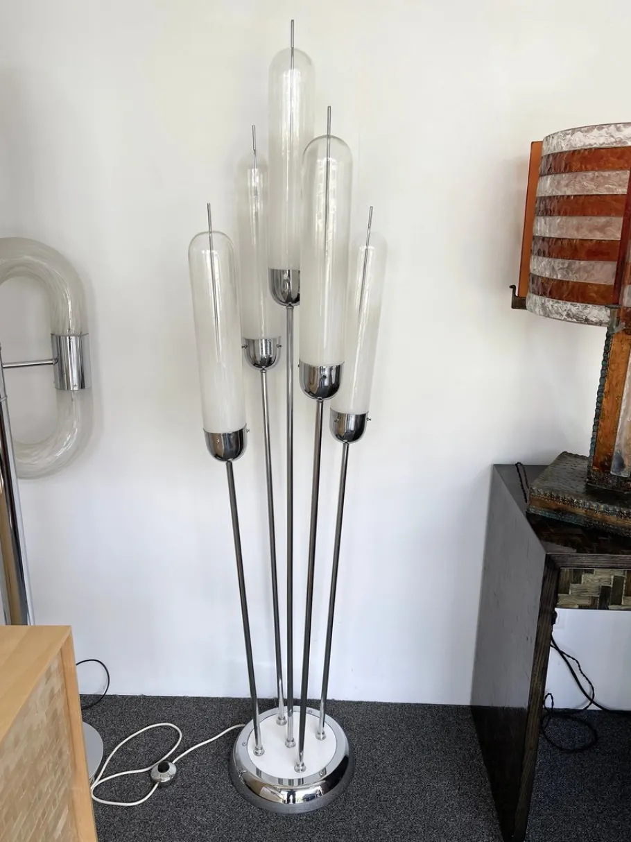 Discount Pamono Italian Mid-Century Modern Reed Floor Lamp Murano Glass Metal attributed to Mazzega, 1970s