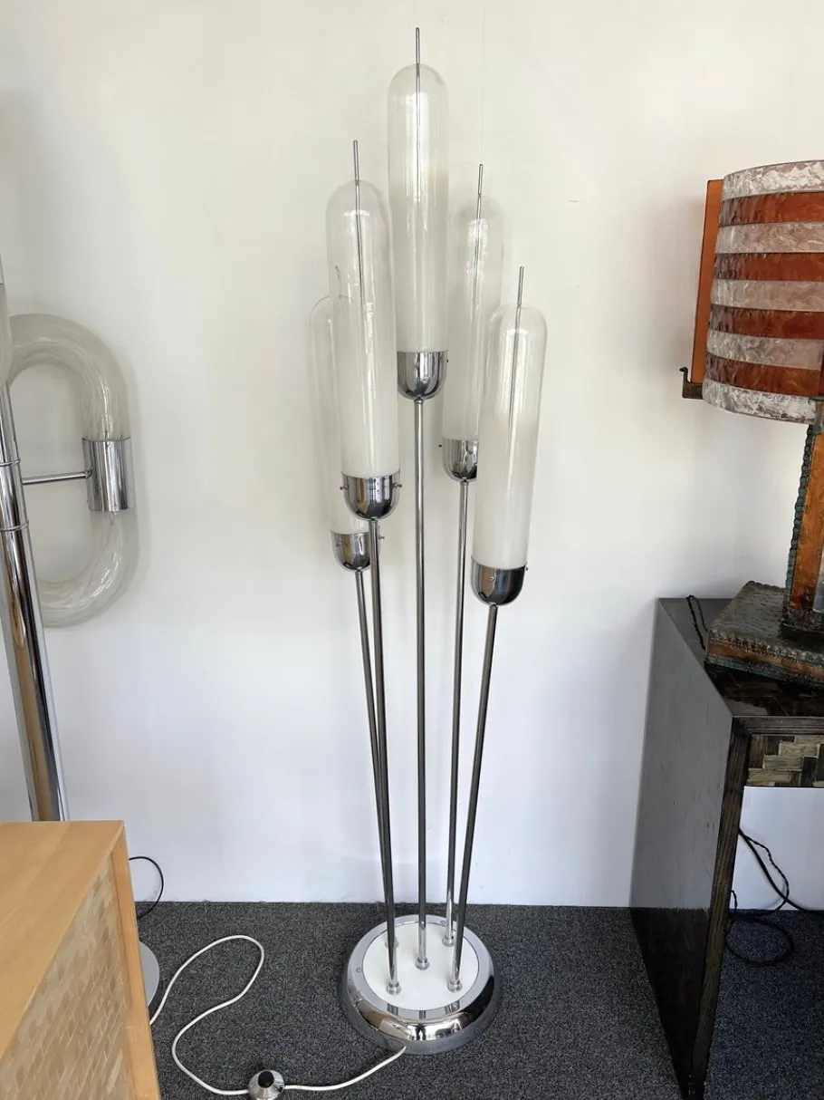 Discount Pamono Italian Mid-Century Modern Reed Floor Lamp Murano Glass Metal attributed to Mazzega, 1970s