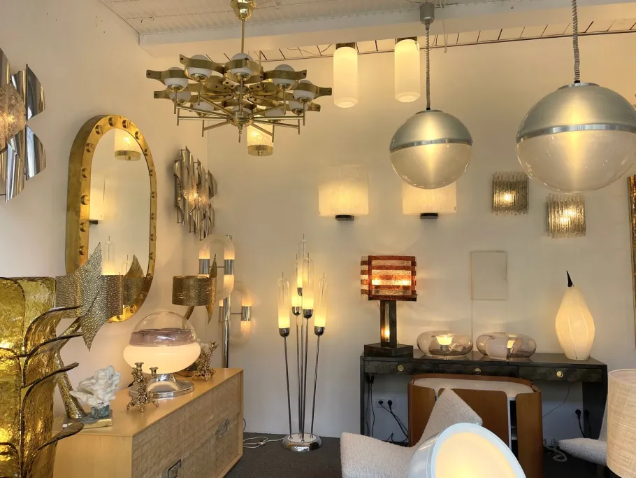 Discount Pamono Italian Mid-Century Modern Reed Floor Lamp Murano Glass Metal attributed to Mazzega, 1970s