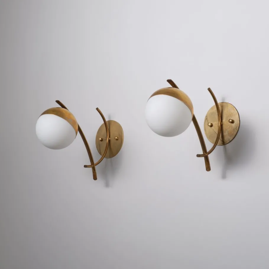 Best Pamono Italian Sconces in Brass with Opaline Glass Globes, 1950s, Set of 2