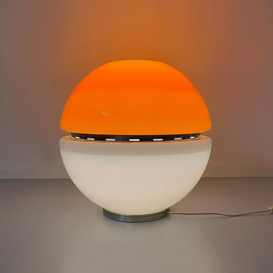 Clearance Pamono Italian Space Age Metal, Orange Plastic and White Opaline Glass Table Lamp, 1970s