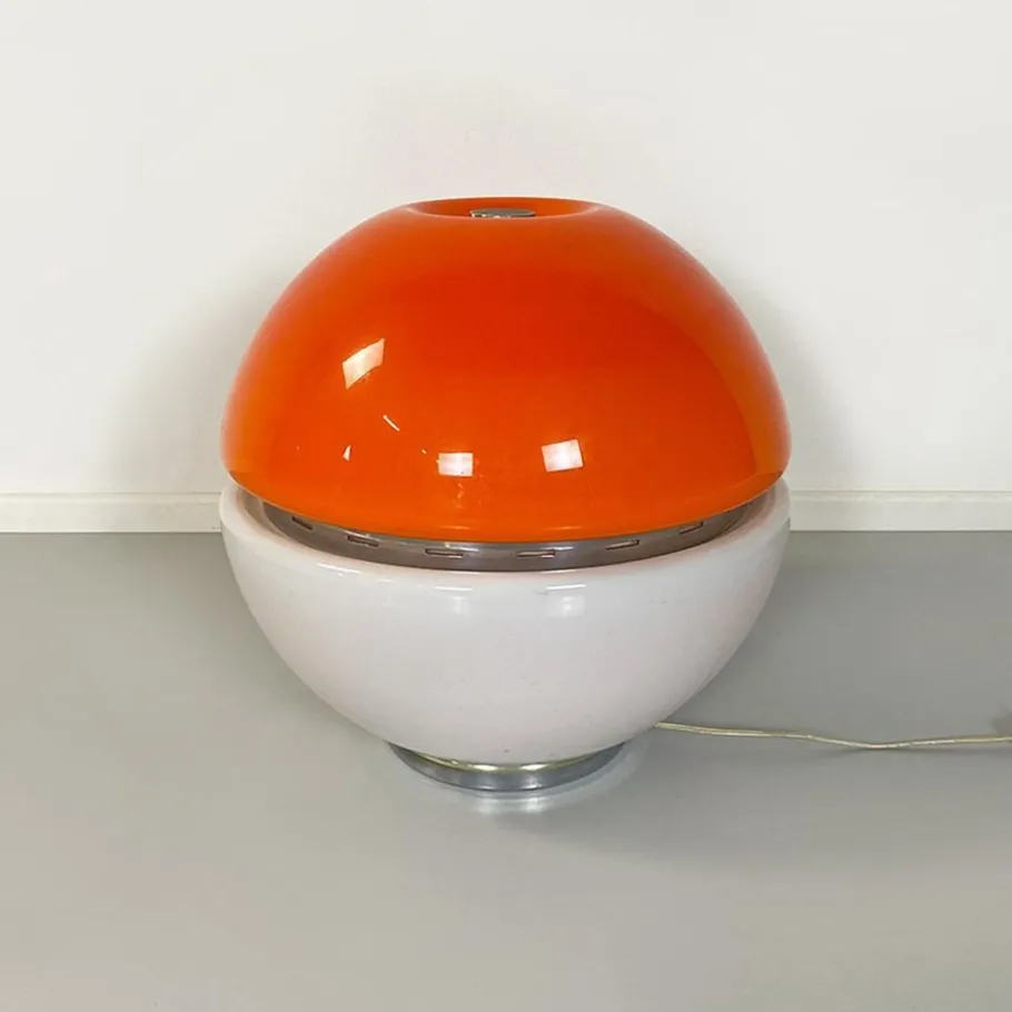 Clearance Pamono Italian Space Age Metal, Orange Plastic and White Opaline Glass Table Lamp, 1970s
