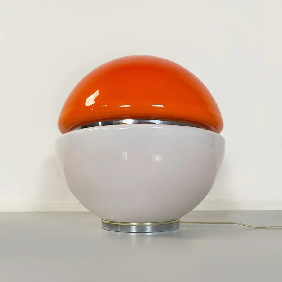Clearance Pamono Italian Space Age Metal, Orange Plastic and White Opaline Glass Table Lamp, 1970s