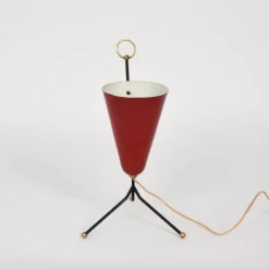 Discount Pamono Italian Tripod Conical Red Lacquered Metal and Brass Table Lamp, 1950s