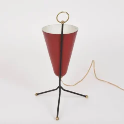 Discount Pamono Italian Tripod Conical Red Lacquered Metal and Brass Table Lamp, 1950s