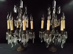 Best Pamono Large Antique Girandole Table Lamps with Crystals, France, Set of 2