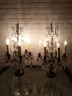 Best Pamono Large Antique Girandole Table Lamps with Crystals, France, Set of 2
