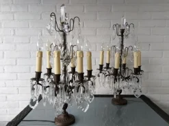 Best Pamono Large Antique Girandole Table Lamps with Crystals, France, Set of 2