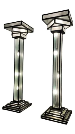 Pamono Large Art Deco Floor Lamps Hotel Hammered Iron and Glass, France, 1930s, Set of 2