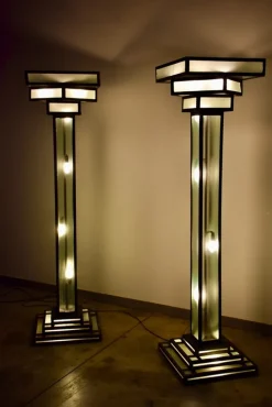 Pamono Large Art Deco Floor Lamps Hotel Hammered Iron and Glass, France, 1930s, Set of 2