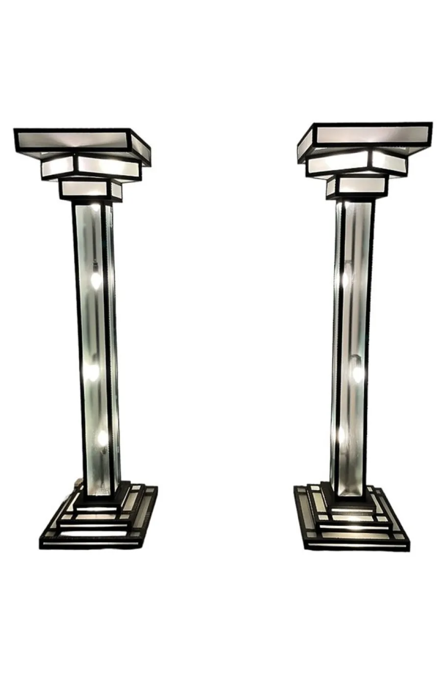 Pamono Large Art Deco Floor Lamps Hotel Hammered Iron and Glass, France, 1930s, Set of 2