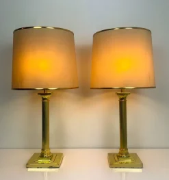 Best Pamono Large Brass Table Lamps with Lampshades from Metalarte, Spain, 1960s, Set of 2