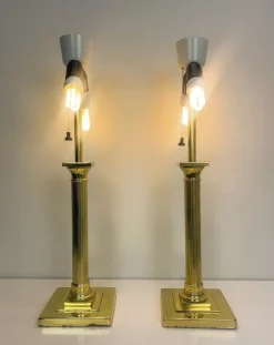 Best Pamono Large Brass Table Lamps with Lampshades from Metalarte, Spain, 1960s, Set of 2