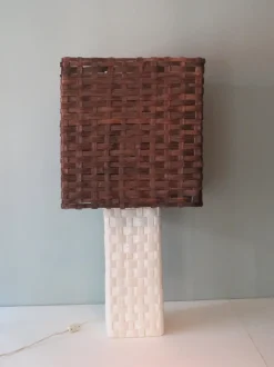 Sale Pamono Large Floor Lamp with White Ceramic Base and Woven Shade, 1970s