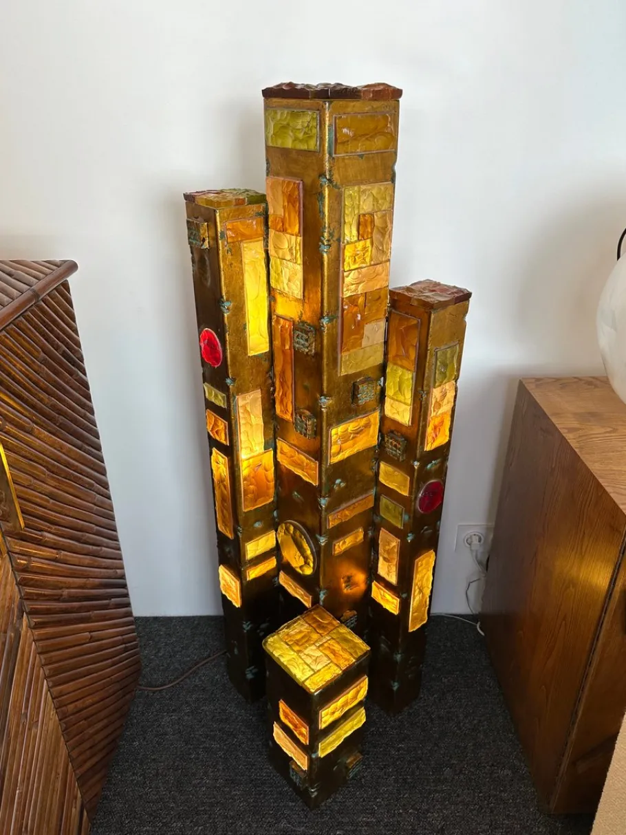 Discount Pamono Large Italian Hammered Glass and Gilt Wrought Iron Floor Lamp from Longobard, 1970s