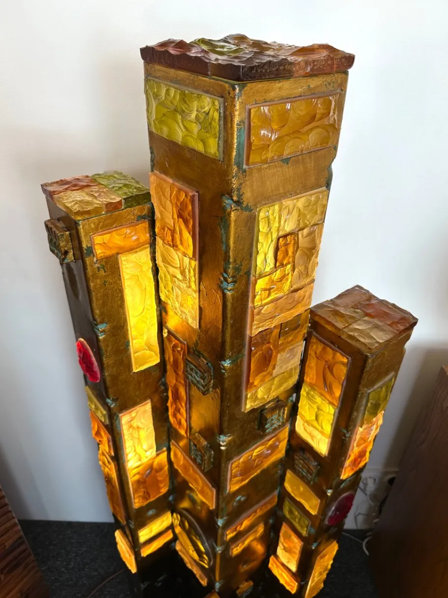 Discount Pamono Large Italian Hammered Glass and Gilt Wrought Iron Floor Lamp from Longobard, 1970s