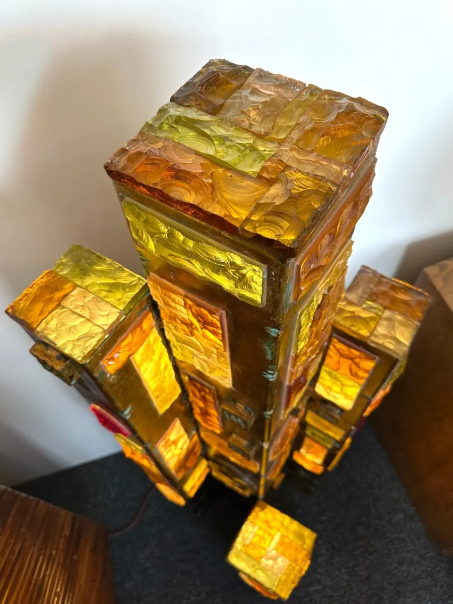 Discount Pamono Large Italian Hammered Glass and Gilt Wrought Iron Floor Lamp from Longobard, 1970s