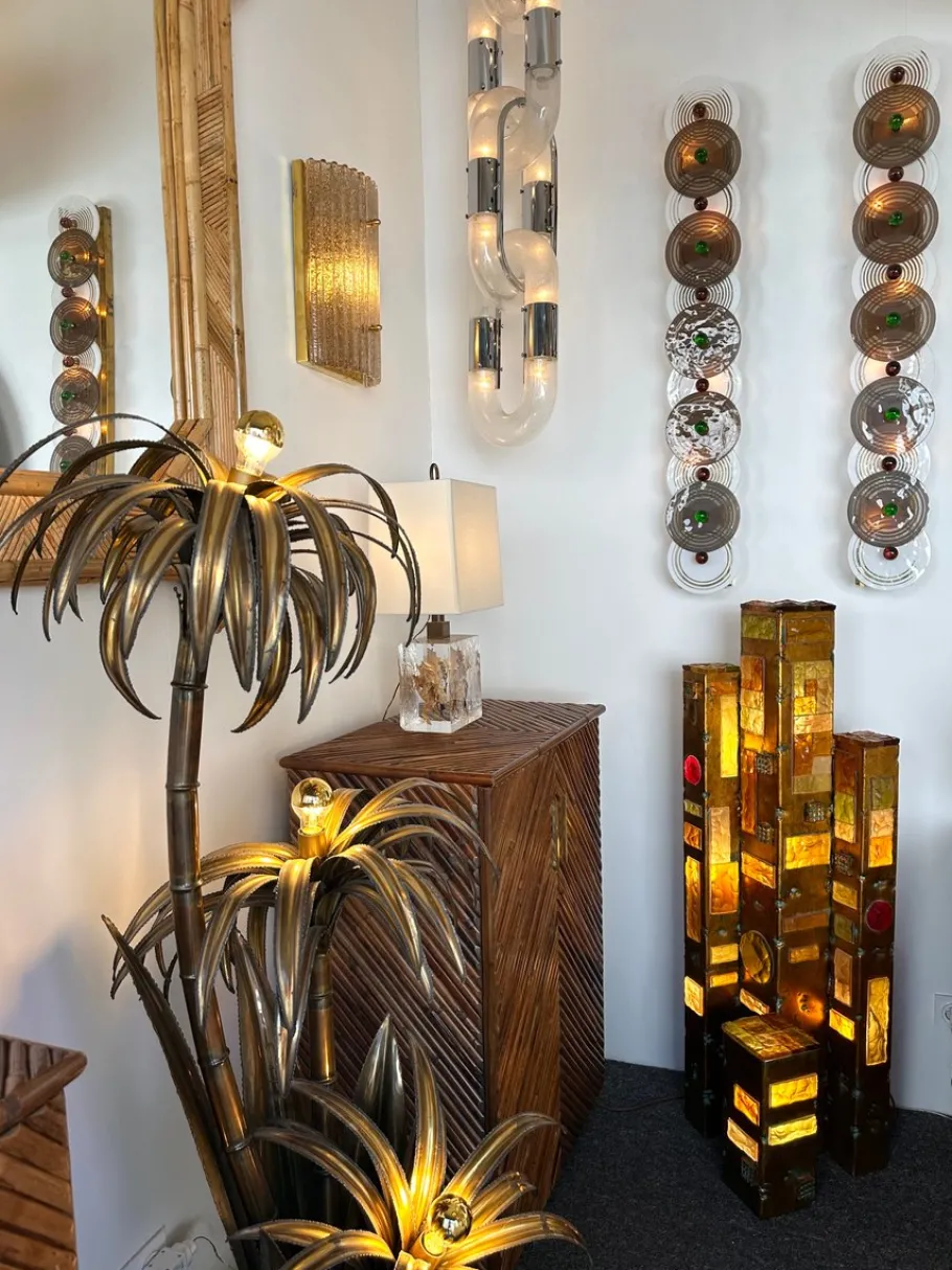 Discount Pamono Large Italian Hammered Glass and Gilt Wrought Iron Floor Lamp from Longobard, 1970s