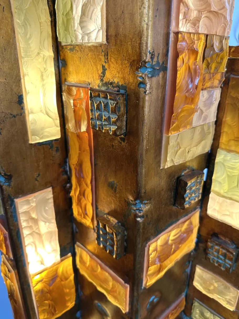 Discount Pamono Large Italian Hammered Glass and Gilt Wrought Iron Floor Lamp from Longobard, 1970s