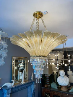 Best Pamono Large Italian Murano Gold Palm Leaf Chandelier, 1970