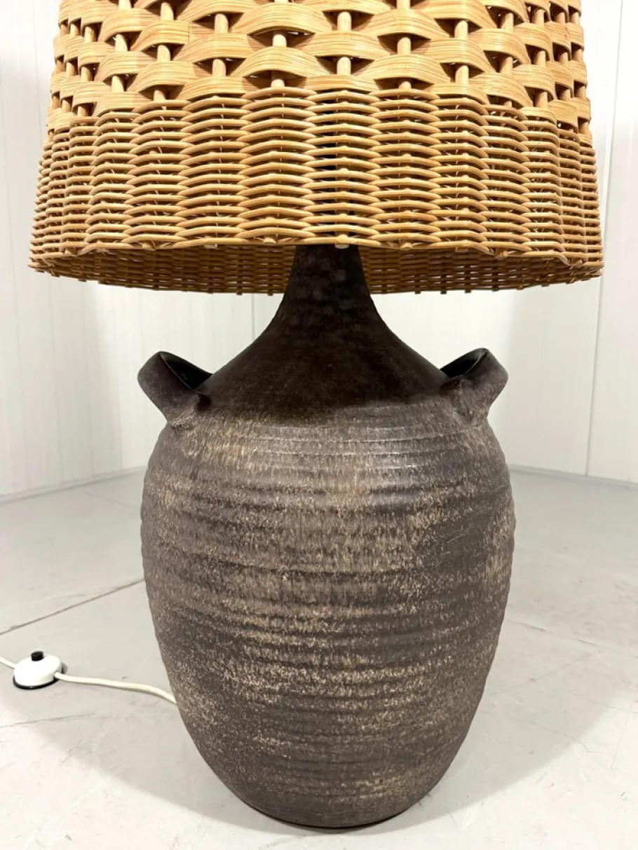 Sale Pamono Large Pottery Amphora Floor Lamp with Caned Lamp Shade, 1960s