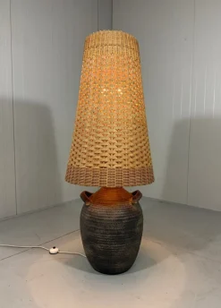 Sale Pamono Large Pottery Amphora Floor Lamp with Caned Lamp Shade, 1960s